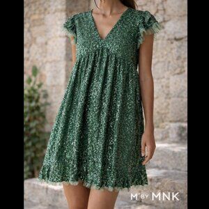 Green Sequin Babydoll Mini Dress‎ Womens Medium Party Holiday Sparkly Glam
